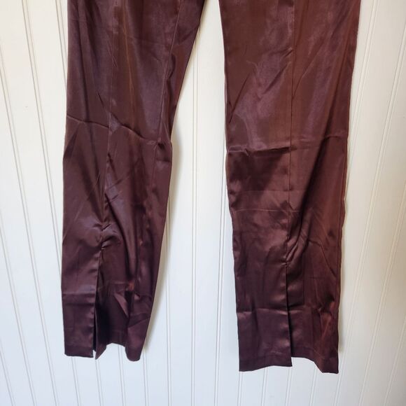 NEW DO+BE Chocolate Brown Satin Contemporary High Waist Split Hem Pants Medium - Picture 3 of 7